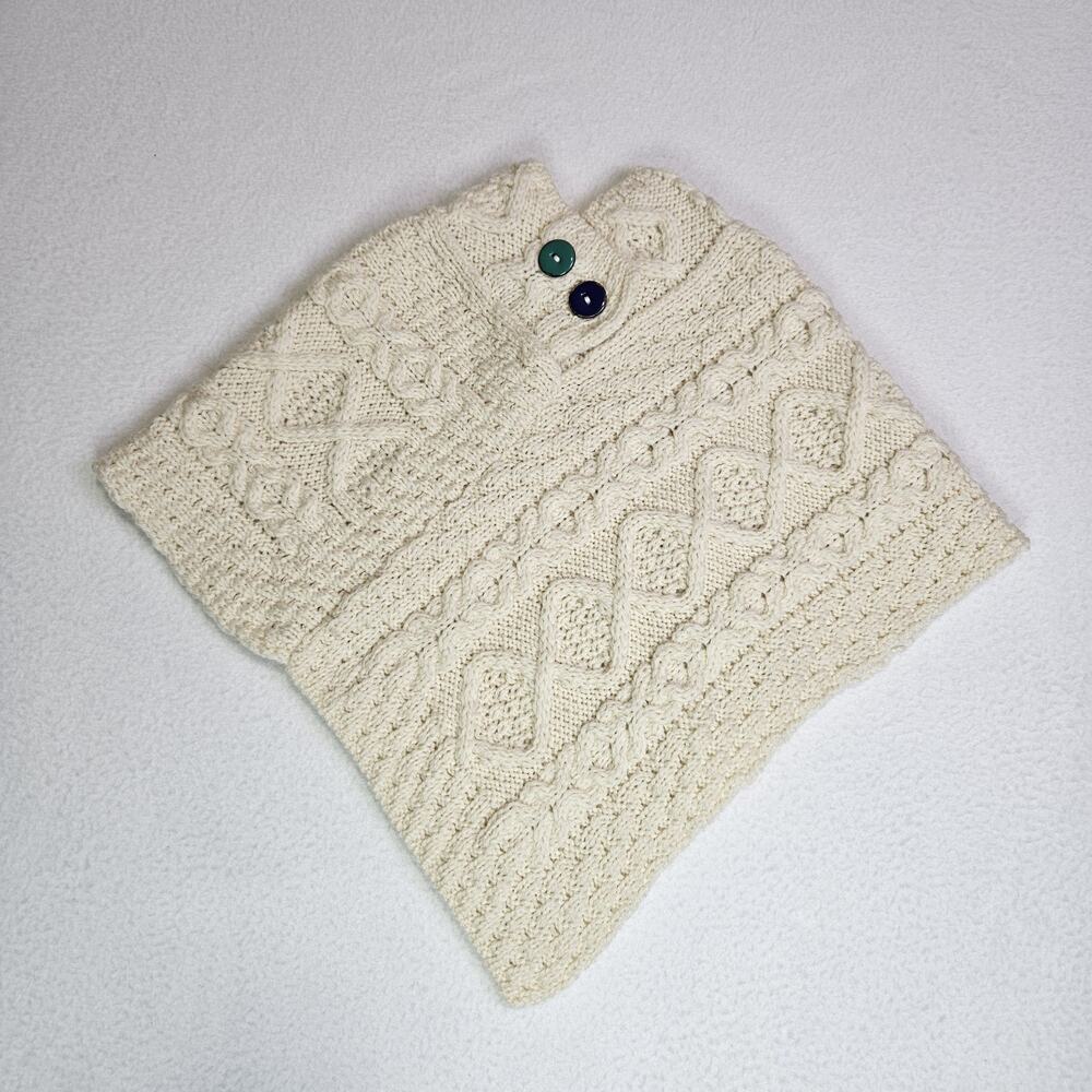 Aran Sweater 100% Merino Wool Girls S Shawl Poncho Cream Cable Knit Ireland Knit - Picture 12 of 12